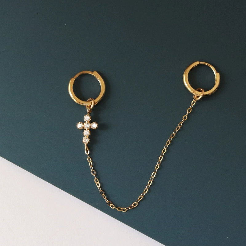 One Piece Huggie Hoops Cross Chain Earring