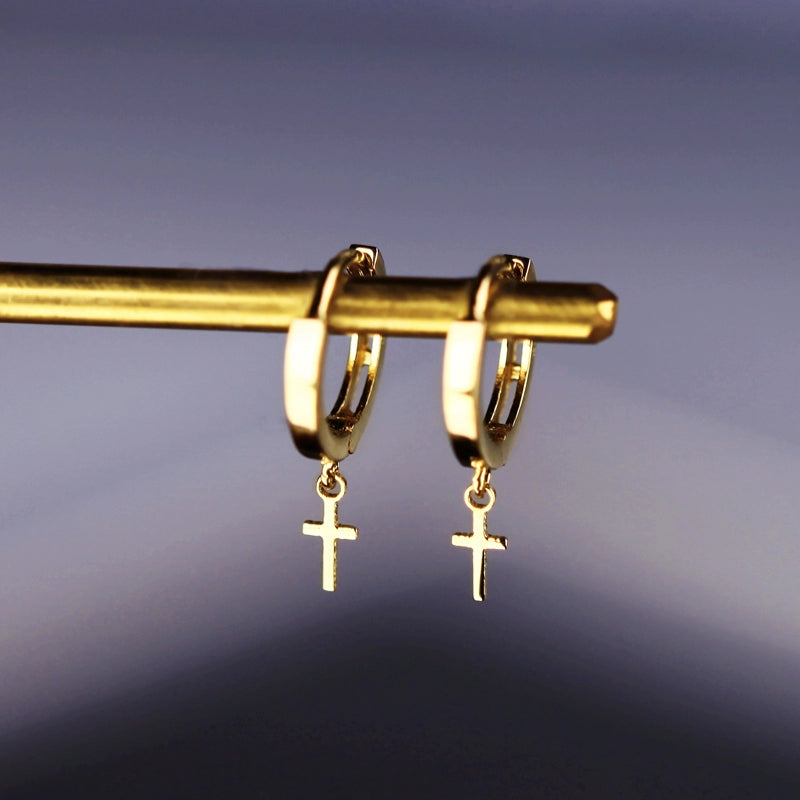 Hanging Cross Charm Huggie Hoops