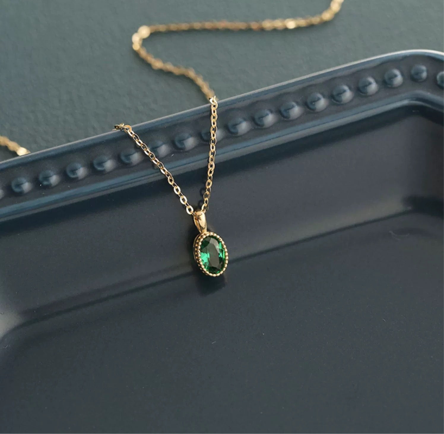 Beaded Green Mirror Charm Necklace