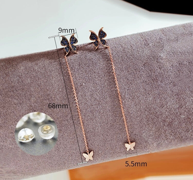 Sapphire Butterfly Chain Drop Stud Earrings