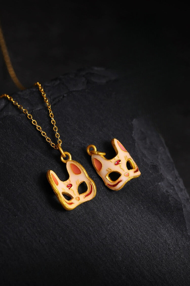 Feline Oni Mask Charm Necklace