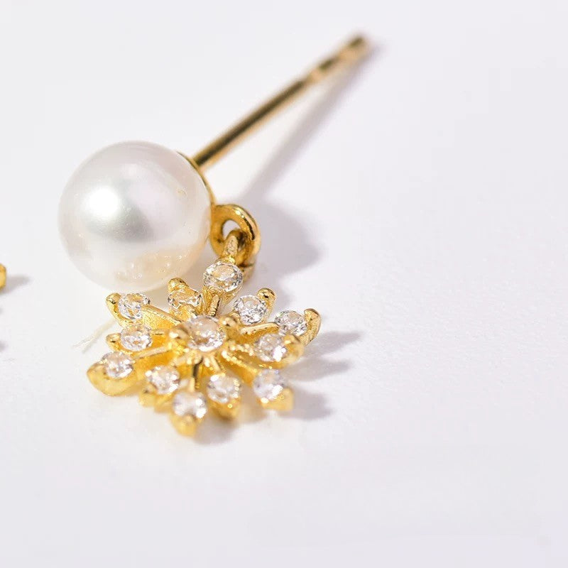 Pearl & Snowflake Charm Stud Earrings