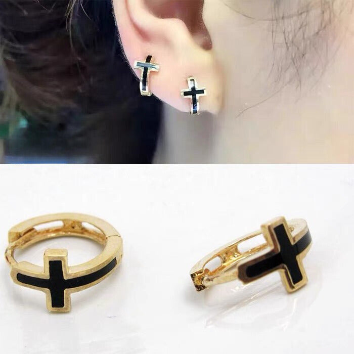 Black Cross Huggie Hoops