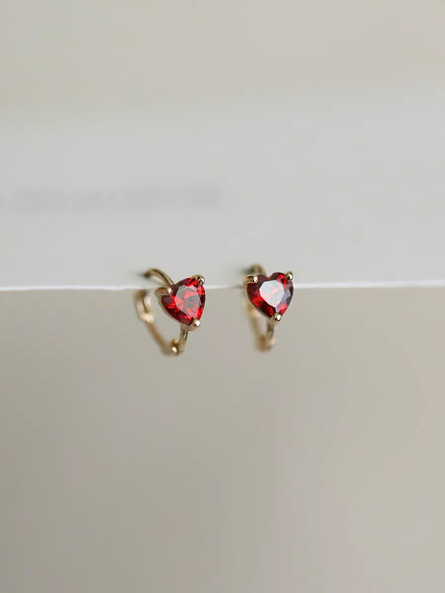 Red Gem Heart Huggie Hoops