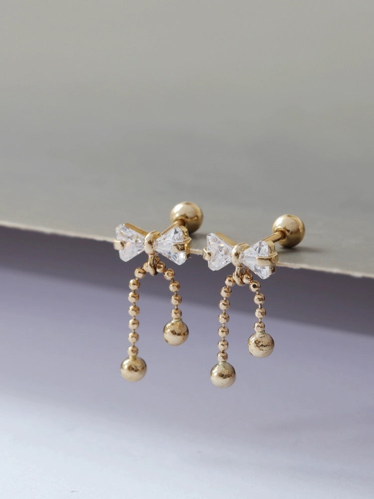 Bow Beaded Chain Stud Earrings