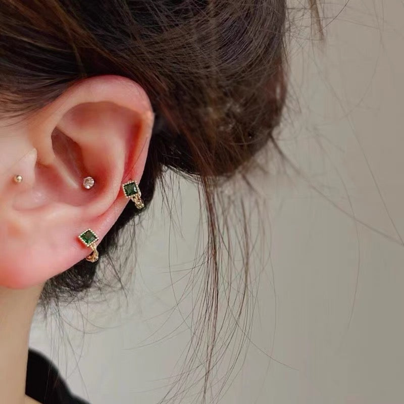 Beaded Emerald Square Huggie Hoops