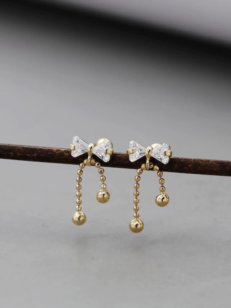 Bow Beaded Chain Stud Earrings