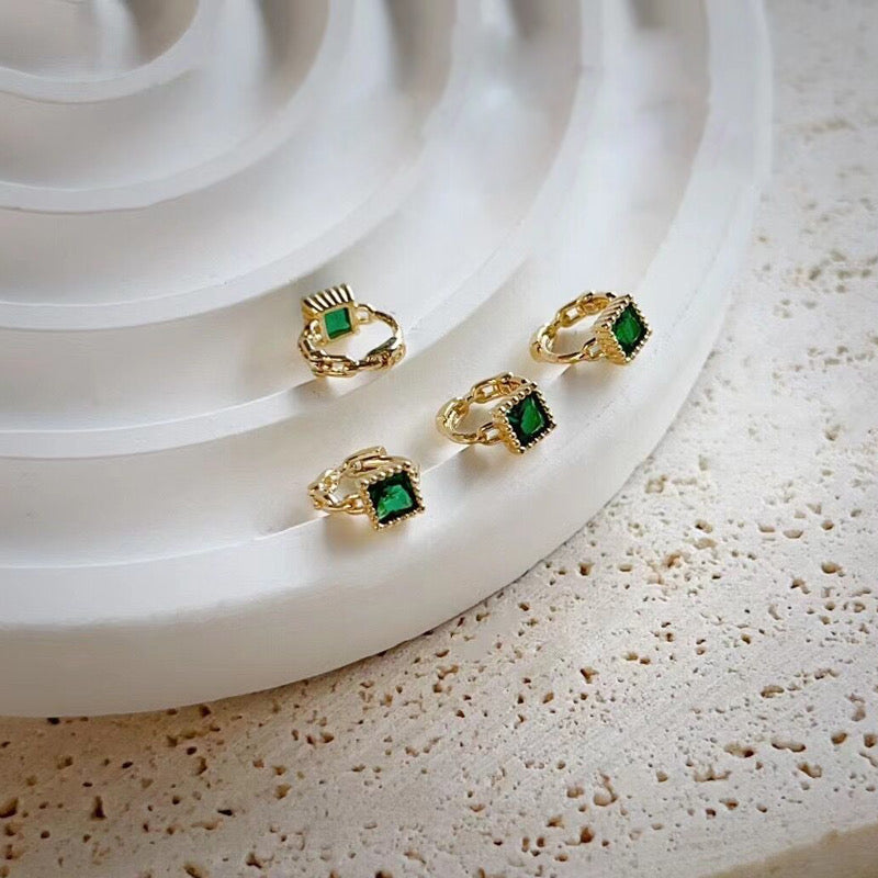 Beaded Emerald Square Huggie Hoops