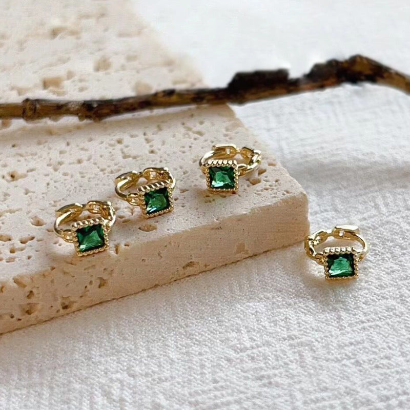 Beaded Emerald Square Huggie Hoops