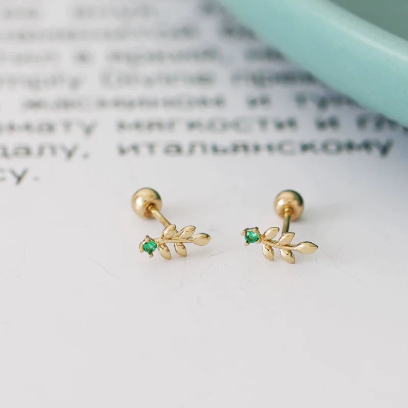 Green Olive Leaf Stud Earrings