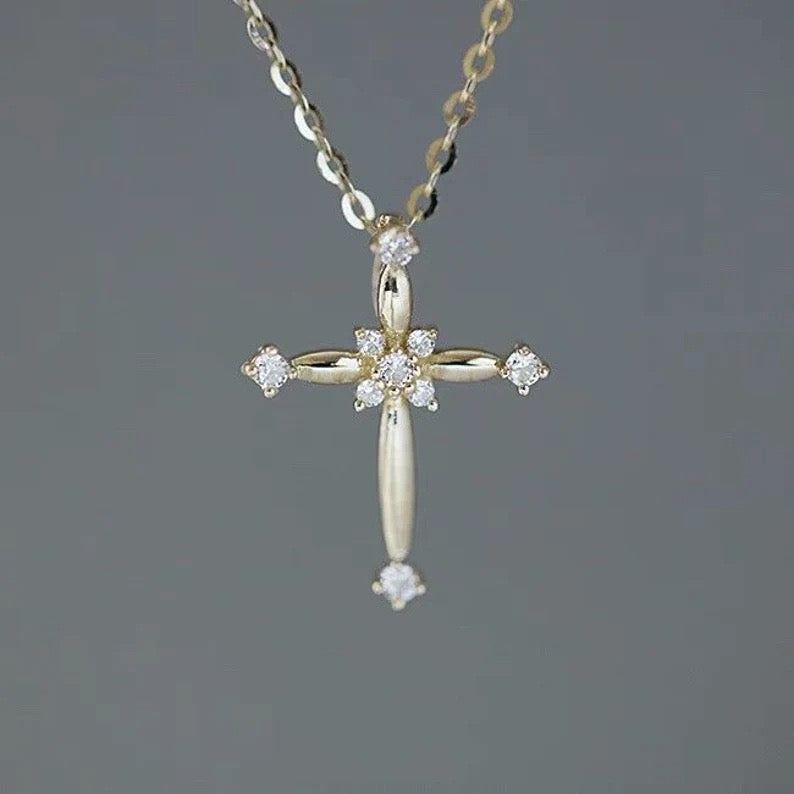 Nine Solitaire Cross Charm Necklace