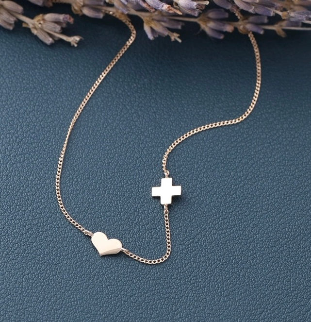 Cross & Heart Curb Chain Necklace