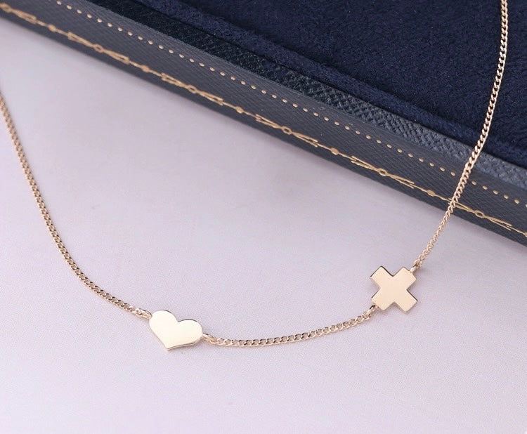 Cross & Heart Curb Chain Necklace