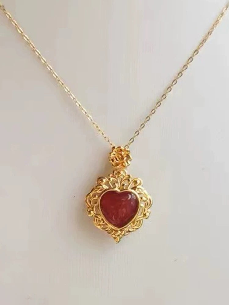 Victorian Ruby Heart Charm Necklace