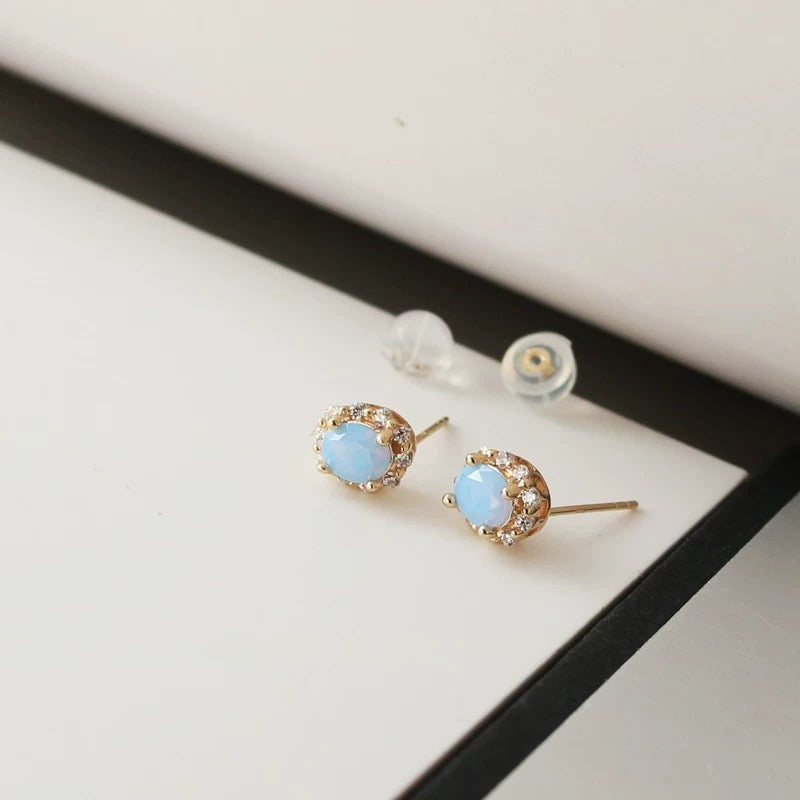 Beaded Aquamarine Stone Stud Earrings