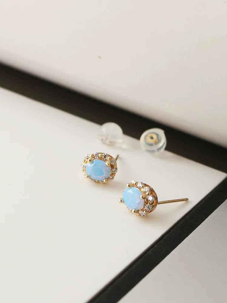 Beaded Aquamarine Stone Stud Earrings