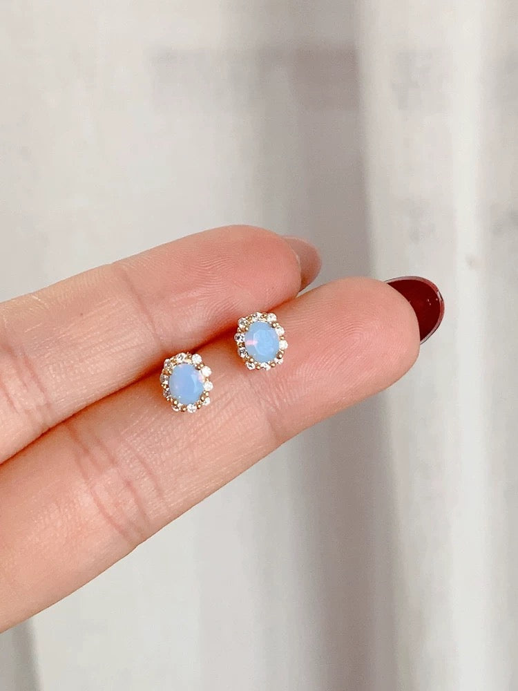 Beaded Aquamarine Stone Stud Earrings