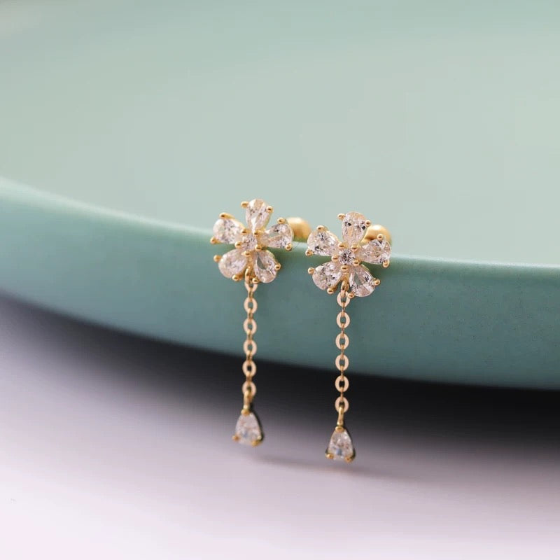 Jewelled Flower Chain Stud Earrings