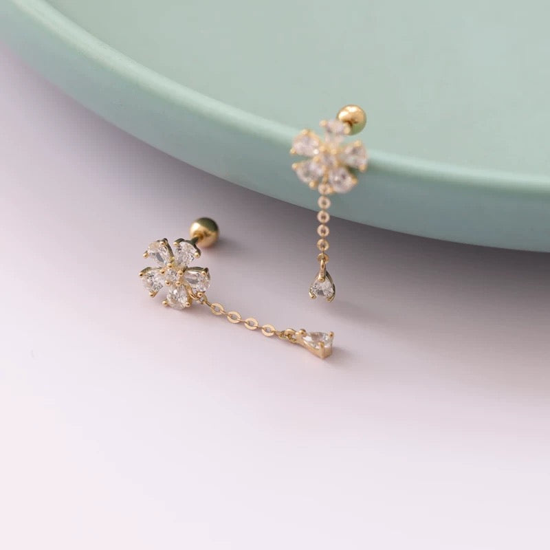 Jewelled Flower Chain Stud Earrings