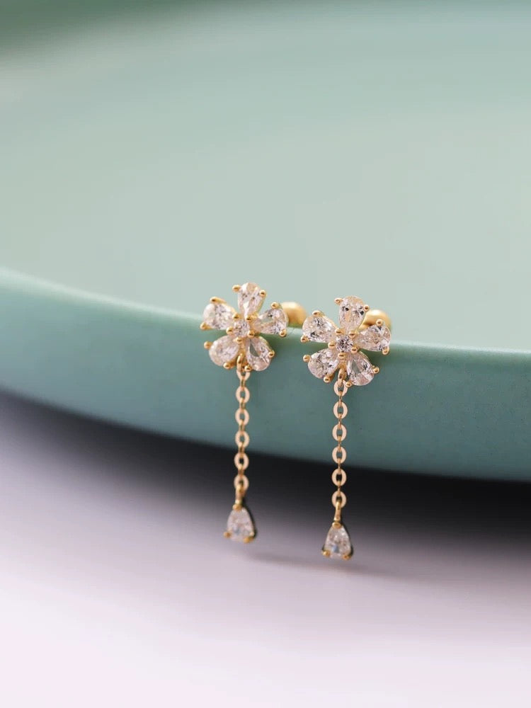 Jewelled Flower Chain Stud Earrings