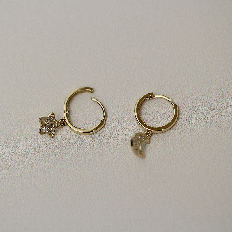 Asymmetric Star & Moon Huggie Hoops