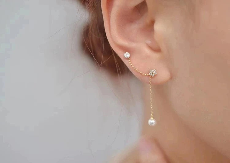 One Piece Two Chain Star Pearl Stud Earring