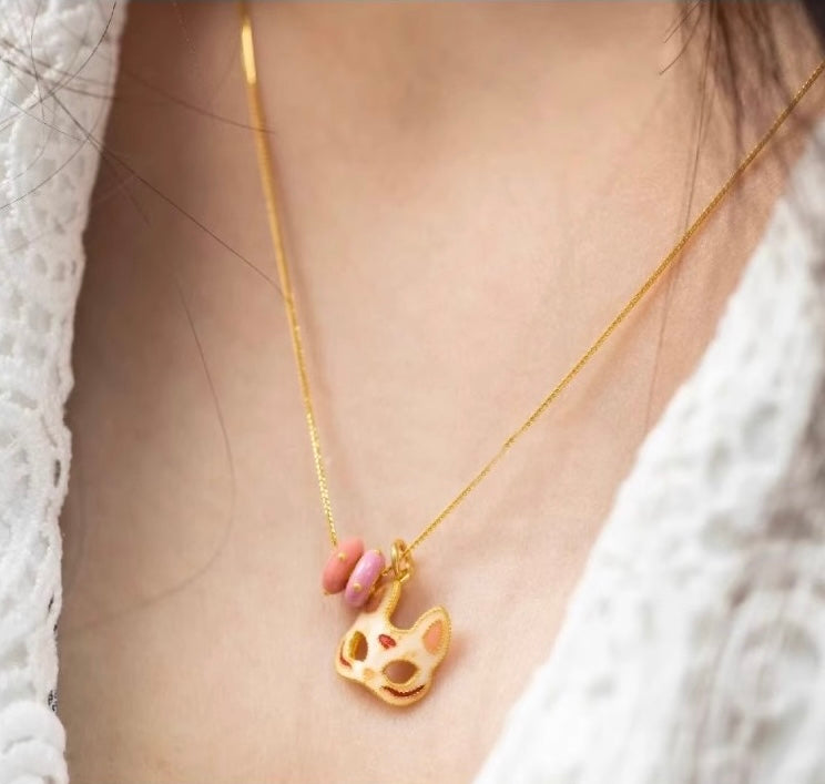 Feline Oni Mask Charm Necklace