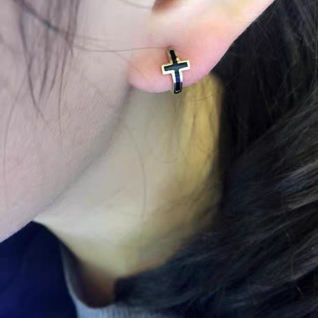 Black Cross Huggie Hoops