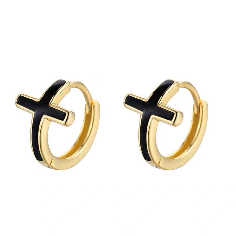 Black Cross Huggie Hoops