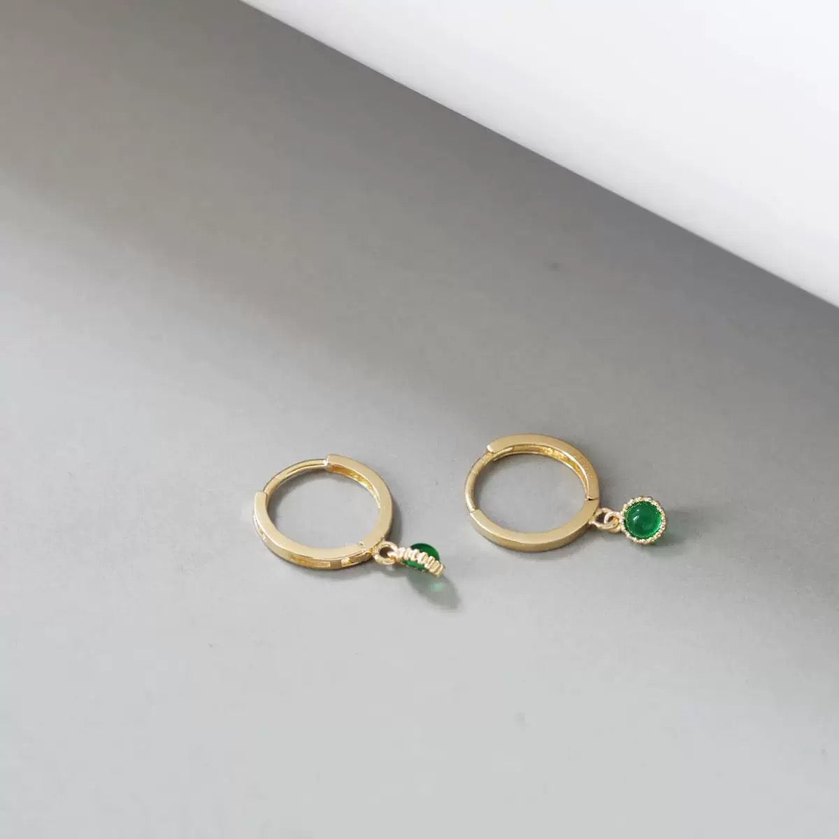 Hanging Beaded Jade Bezel Huggie Hoops