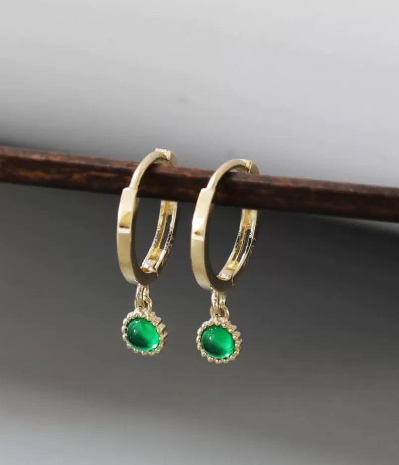 Hanging Beaded Jade Bezel Huggie Hoops