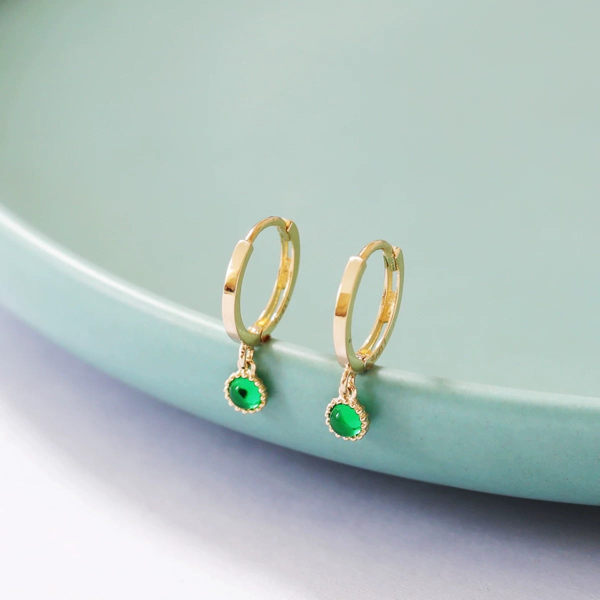 Hanging Beaded Jade Bezel Huggie Hoops