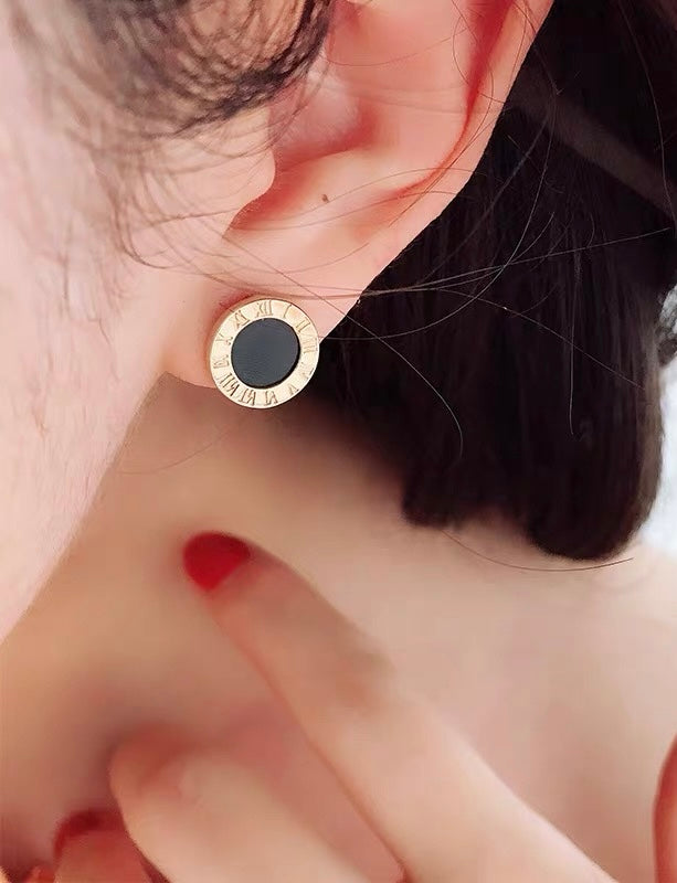 Black Roman Clock Stud Earrings