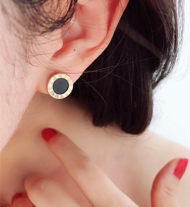 Black Roman Clock Stud Earrings