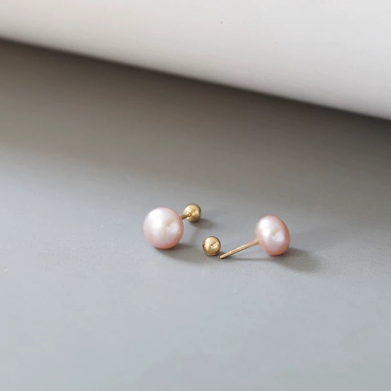 Pinky Pearl Button Stud Earrings