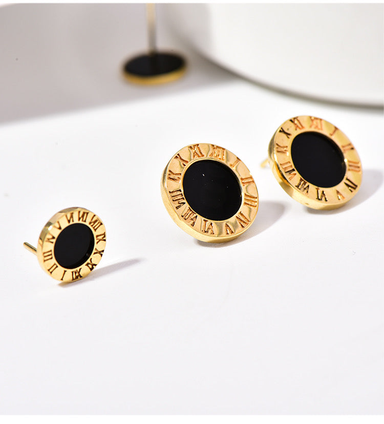 Black Roman Clock Stud Earrings