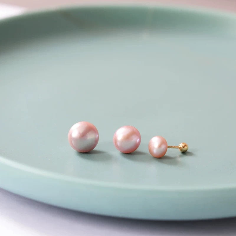 Pinky Pearl Button Stud Earrings