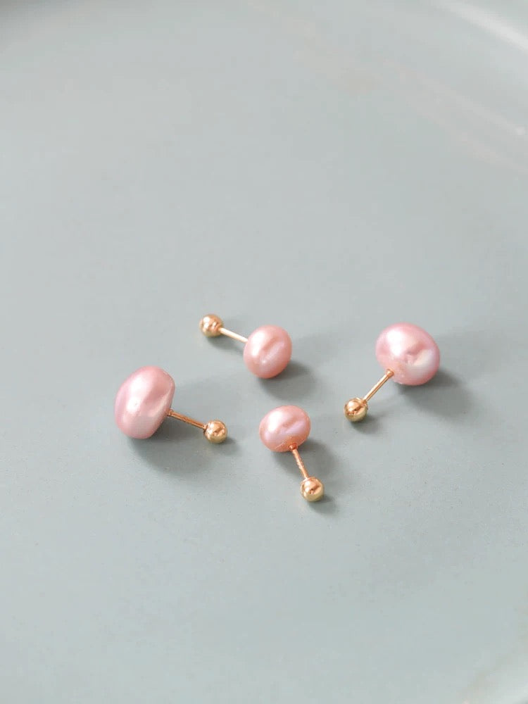 Pinky Pearl Button Stud Earrings