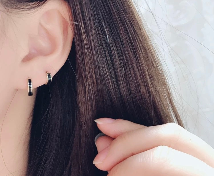 Black Stripe Huggie Hoops