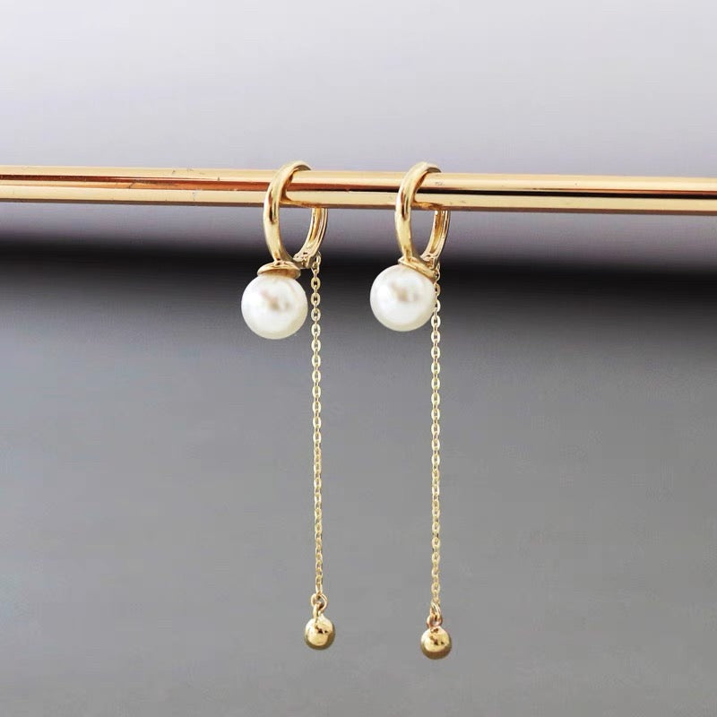 Pearl Lamp & Chain Drop Huggie Hoops