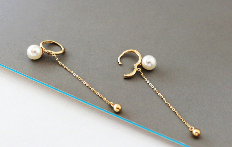 Pearl Lamp & Chain Drop Huggie Hoops