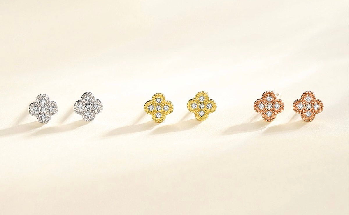 Beaded Zircon Diamond Clover Stud Earrings