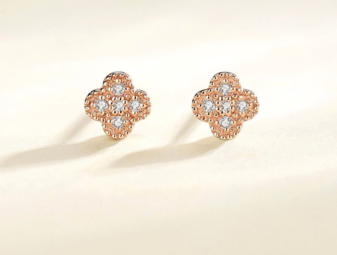 Beaded Zircon Diamond Clover Stud Earrings