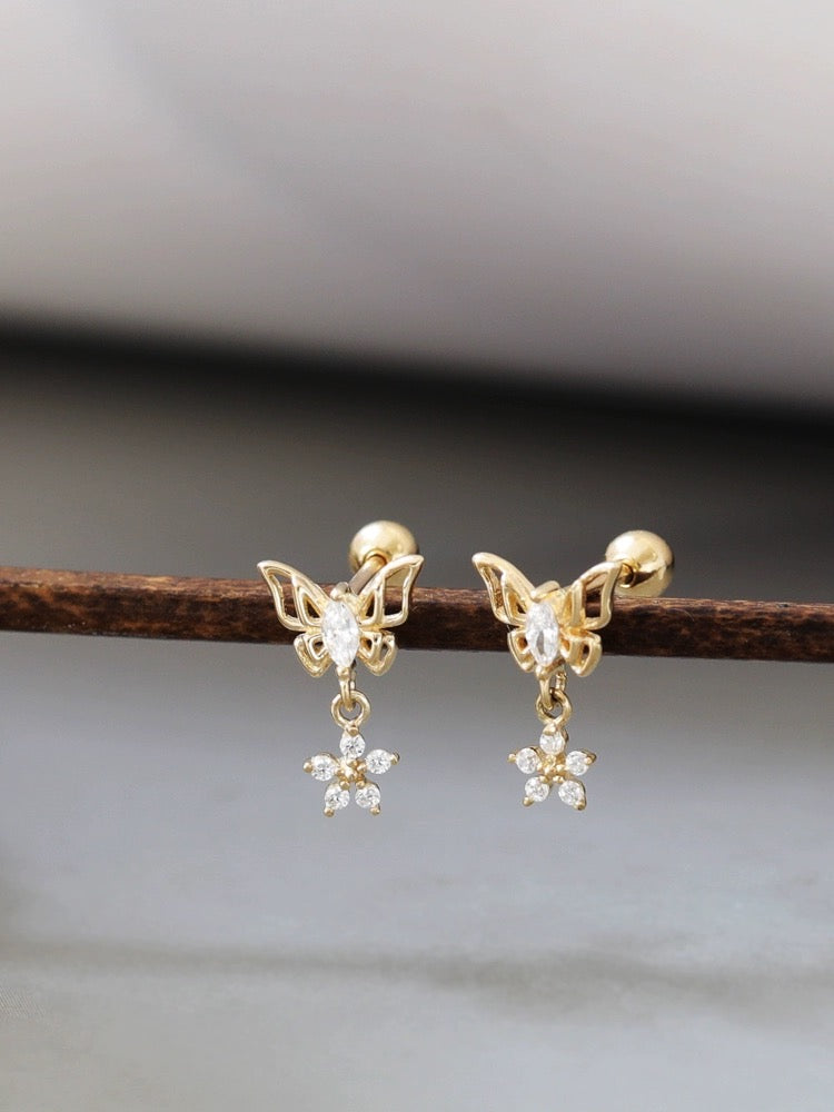 Butterfly Flower Drop Stud Earrings