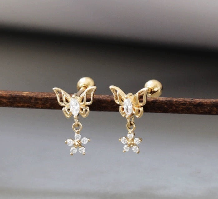 Butterfly Flower Drop Stud Earrings