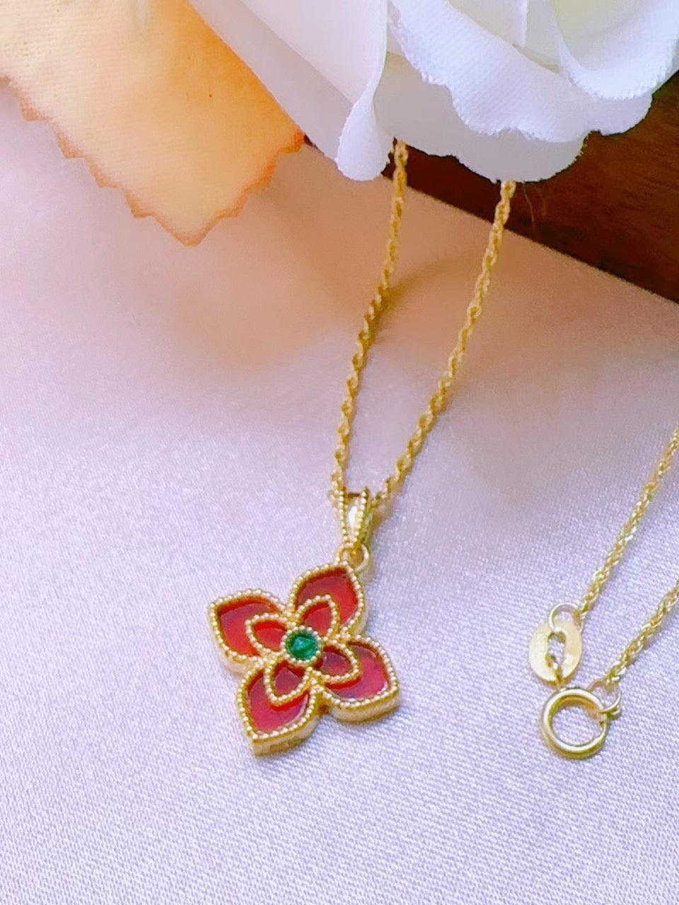 Trinity Ruby Flower Charm Necklace