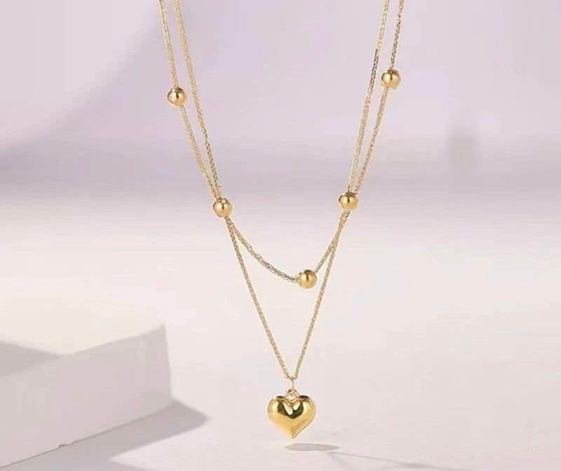 Puff Heart & Double Beaded Chain Necklace