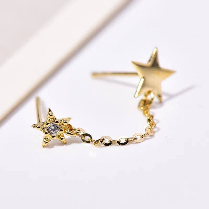 Double Star Chain Cuff Stud Earrings