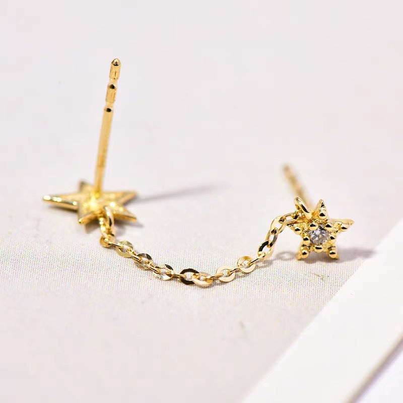 Double Star Chain Cuff Stud Earrings