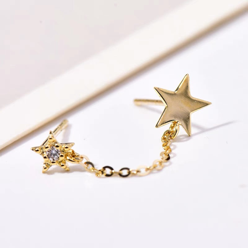 Double Star Chain Cuff Stud Earrings